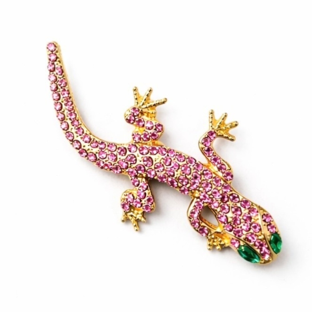 Pink Rhinestone Lizard W/ Green Eyes Brooch Gold Tone Metal Accent Pin 2"